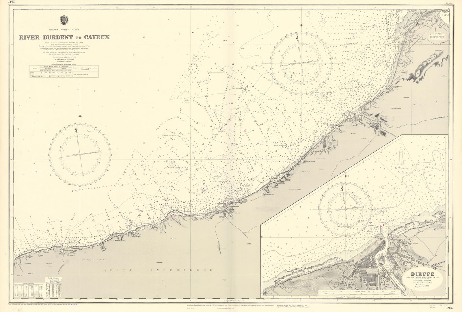 Seine-Maritime Somme coast Durdent-Cayeux Dieppe ADMIRALTY chart 1894 (1955) map